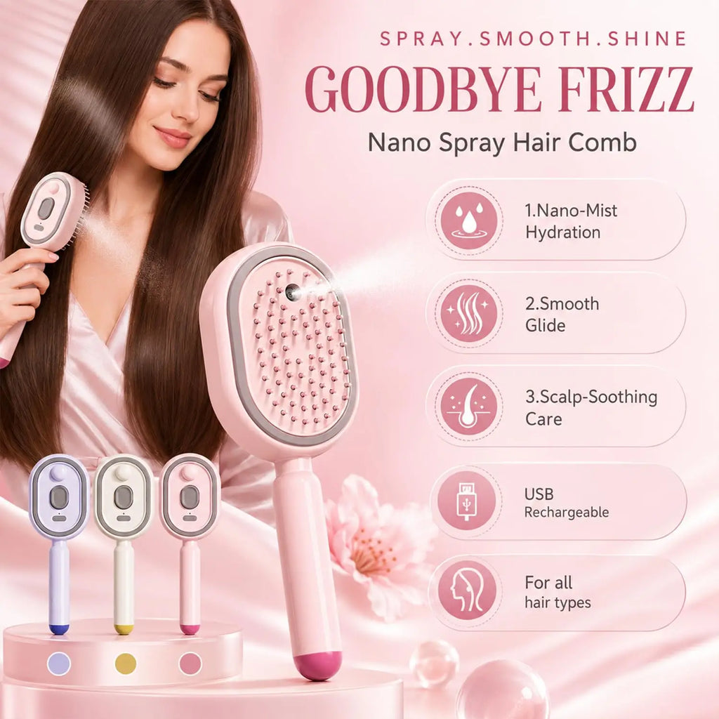 2026 Electric Steaming Hair Straightener Brush Electric Spray Air Cushion Massage Hair Brush Rechargeable Detangling Ste