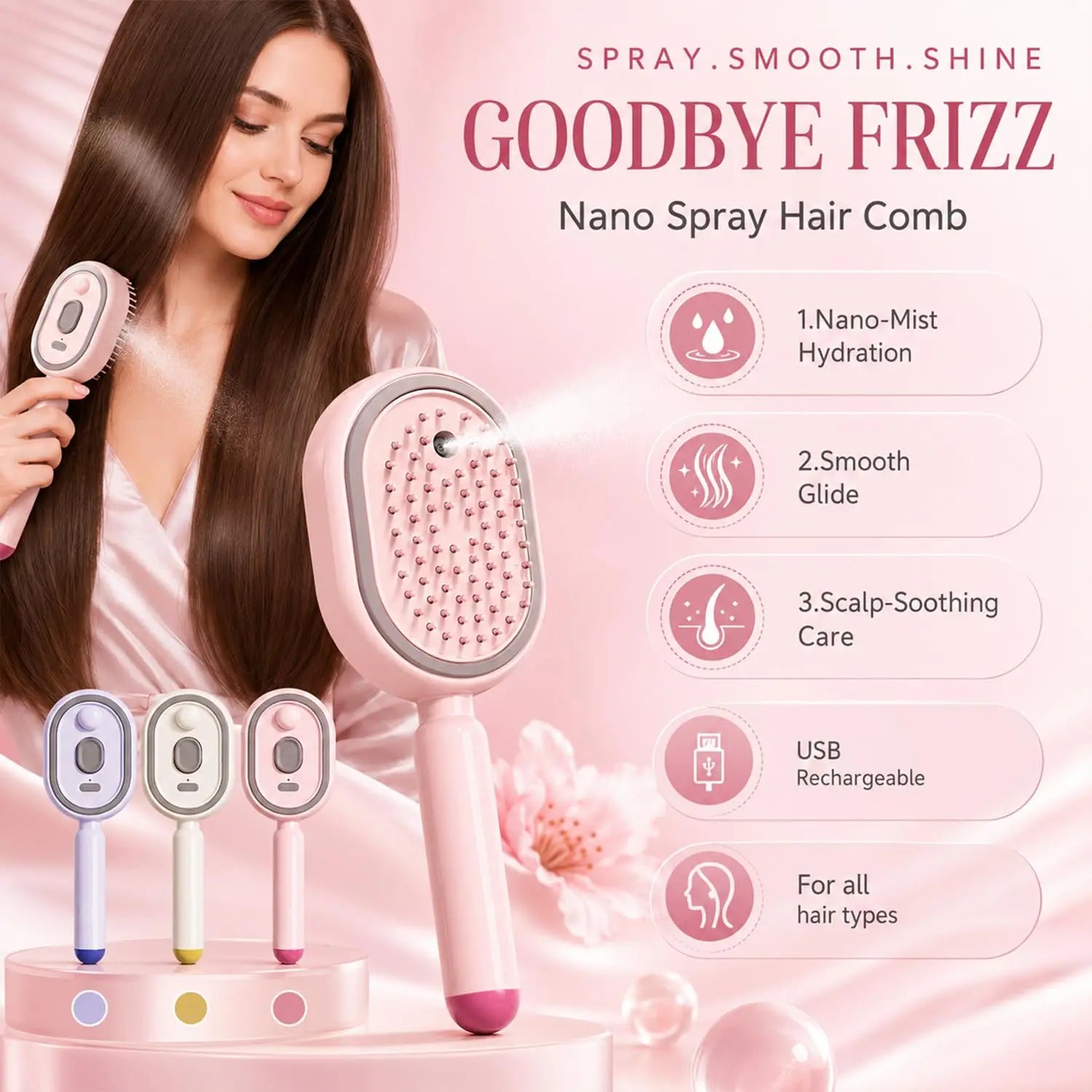 2026 Electric Steaming Hair Straightener Brush Electric Spray Air Cushion Massage Hair Brush Rechargeable Detangling Ste